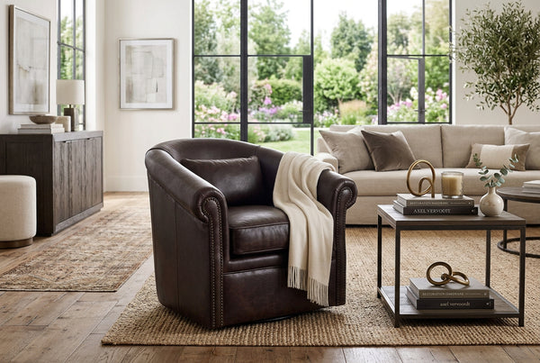 Chester Leather Barrel Swivel Accent Chair