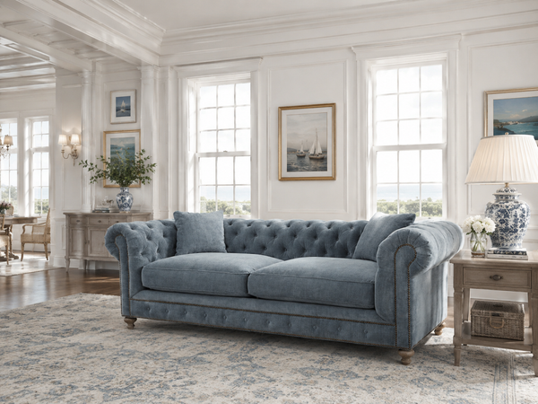 Armstrong Raw Blue 96 Inch Chesterfield "Quick Ship" Sofa