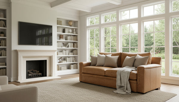 Francisco 86 Inch Two Seat Layered Track Arm Leather Pillow Back Couch With Nails