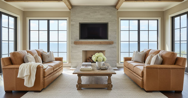 Francisco 86 Inch Three Seat Layered Track Arm Leather Pillow Back Couch With Nails