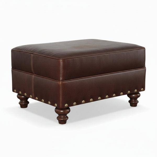 Hampton Leather Footstool Ottoman w/ Nailhead Trim