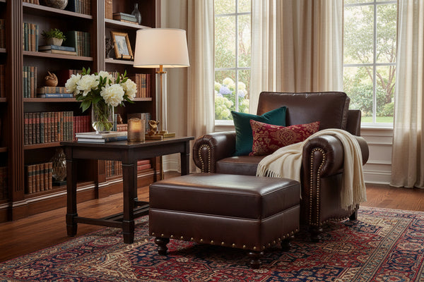 Hampton Leather Footstool Ottoman w/ Nailhead Trim