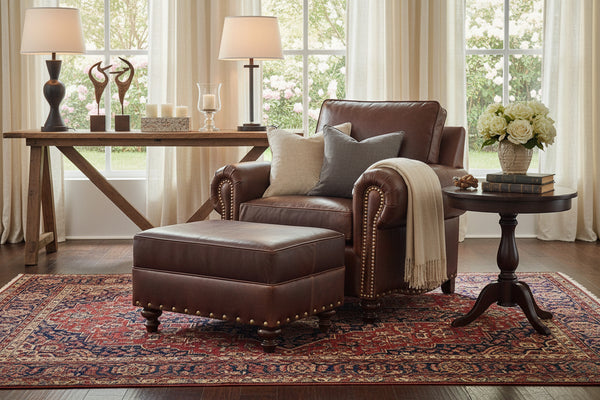 Hampton Leather Footstool Ottoman w/ Nailhead Trim