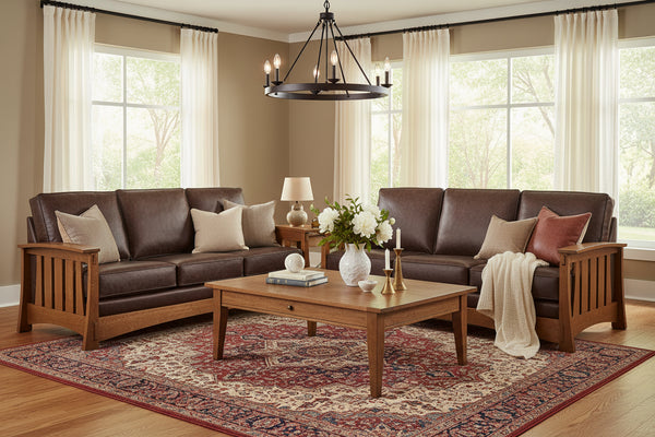 Highland 85 Inch White Oak Mission Style Leather Sofa