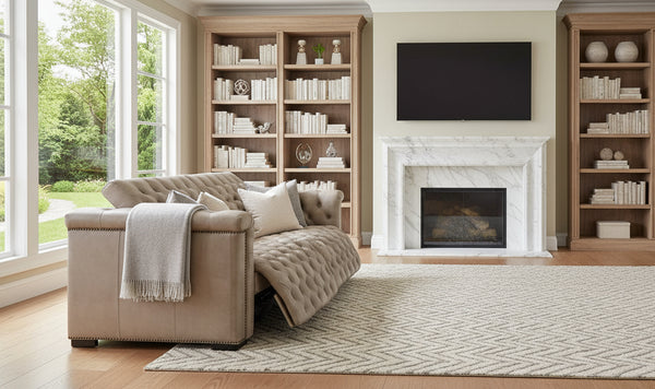 Savion Taupe Chesterfield 88 Inch "Quick Ship" Wall Hugger Power Leather Reclining Sofa