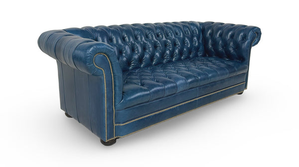 Chesterfield 93 Inch Leather Sofa With Tufted Bench Seat And Nail Trim