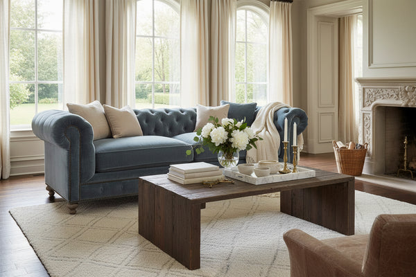 Armstrong Raw Blue 96 Inch Chesterfield "Quick Ship" Sofa