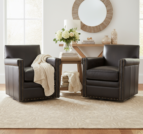 Herbert SWIVEL Old Saddle Brown Fudge "Quick Ship" Tight Back Square Leather Accent Chair With Nails