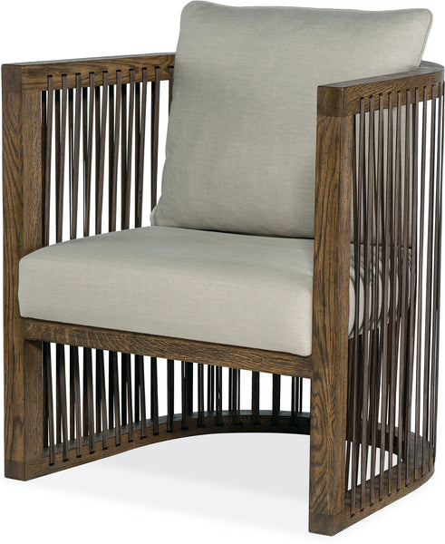 Hudson Taupe Fabric Accent Chair With Decorative Leather Strapping And Warm Oak Frame