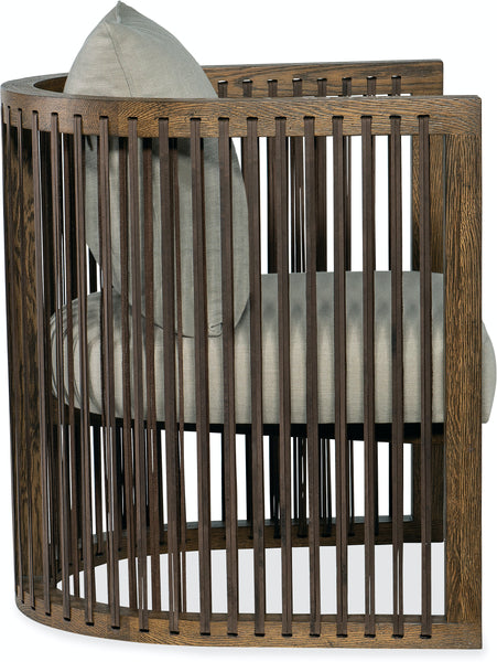 Hudson Taupe Fabric Accent Chair With Decorative Leather Strapping And Warm Oak Frame