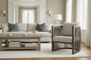 Hudson Taupe Fabric Accent Chair With Decorative Leather Strapping And Warm Oak Frame