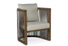 Image of Hudson Taupe Fabric Accent Chair With Decorative Leather Strapping And Warm Oak Frame