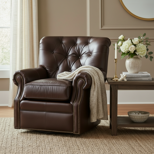 Irving Leather Tufted SWIVEL Accent Chair With Nail Trim