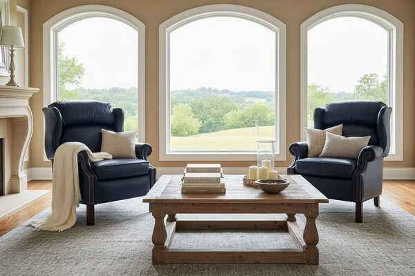 Liam Navy "Quick Ship" Traditional Chippendale Wingback Recliner