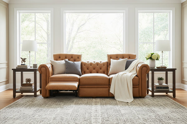 Newcastle Caramel 94 Inch "Quick Ship" Wall Hugger Power Leather Reclining Sofa