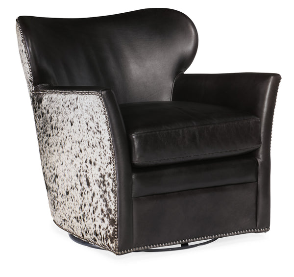 Simpson Legendary Graphite Leather Swivel Quick Ship Salt & Pepper Hair On Hide Accent Chair
