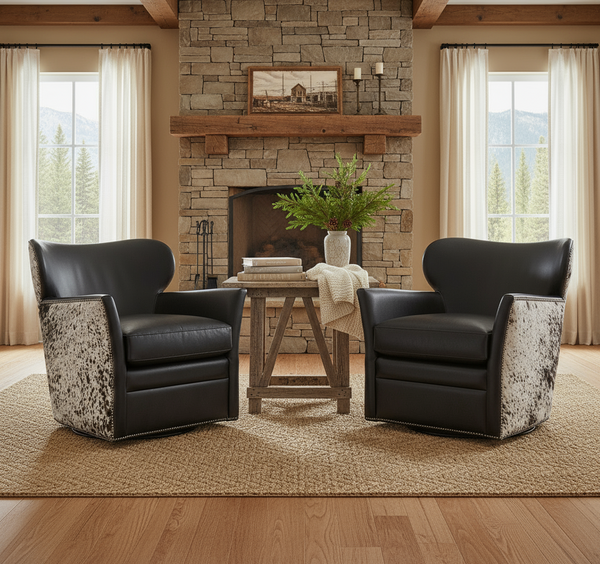 Simpson Legendary Graphite Leather Swivel Quick Ship Salt & Pepper Hair On Hide Accent Chair