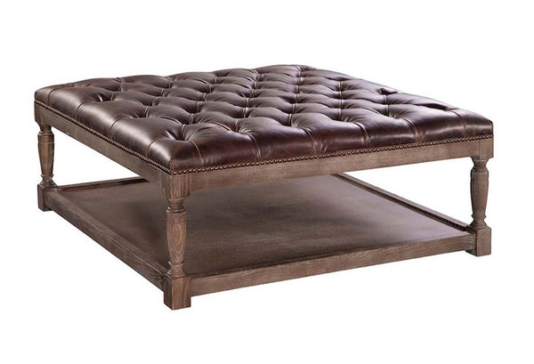 Thomas Square "Quick Ship" Tufted Leather Upholstered Coffee Table Ottoman With Wood Storage Base - In Stock