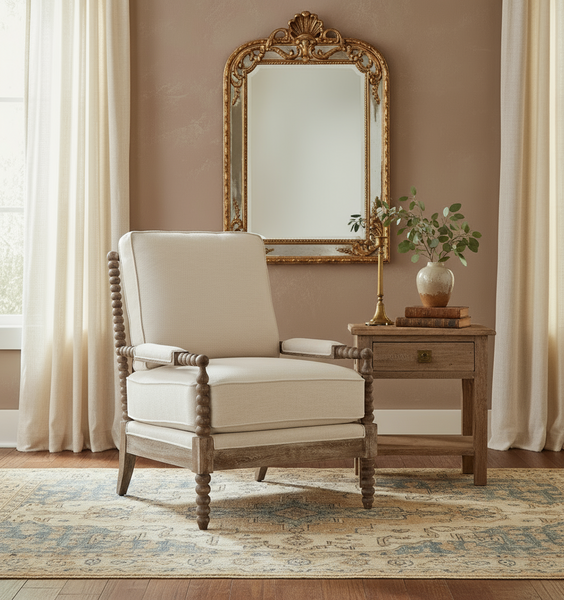 Viola Parchment Fabric Accent Chair With Decorative Wood Base