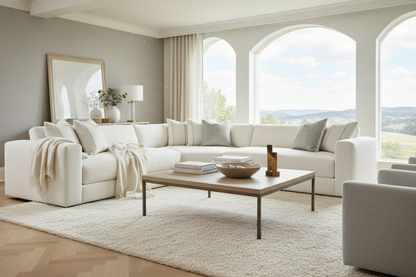 Yates Three Piece Track Arm Modern Bench Seat Fabric Sectional Sofa