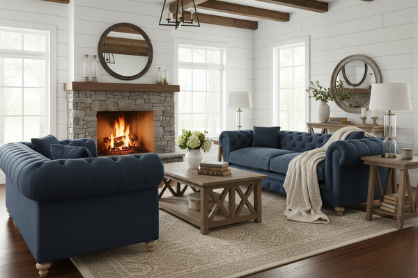 Armstrong 96 Inch Chesterfield "Quick Ship" Sofa In Blue Denim