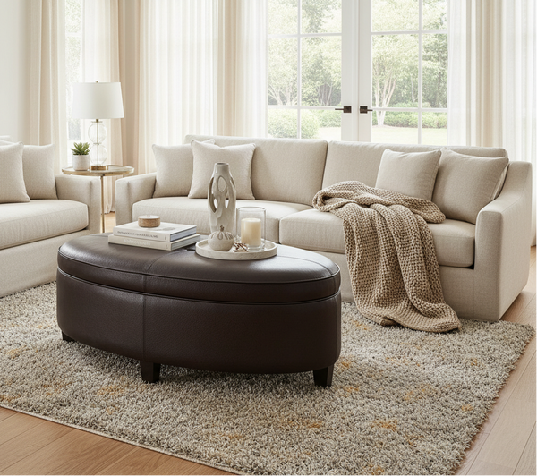 Avery 49 Inch Long Oval Leather STORAGE Coffee Table Ottoman