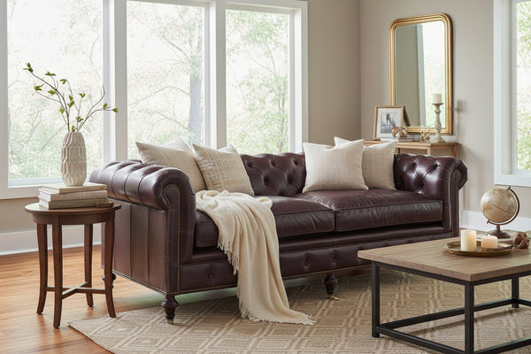Barrington 91 Inch Large Leather Chesterfield Tufted Sofa
