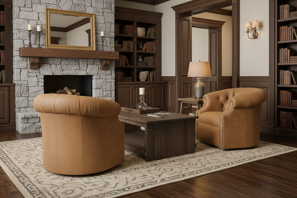 Brantley Leather Tufted SWIVEL Barrel Accent Chair With Nail Trim