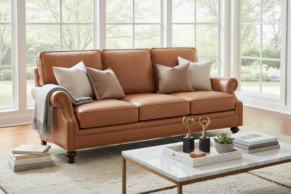 Broadway 82 Inch Traditional Three Cushion Pillow Back Leather Sofa