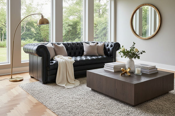 Chesterfield 93 Inch Leather Sofa With Tufted Bench Seat And Nail Trim