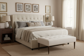 Cleo 52 Inch Large Biscuit Tufted Fabric Upholstered Ottoman