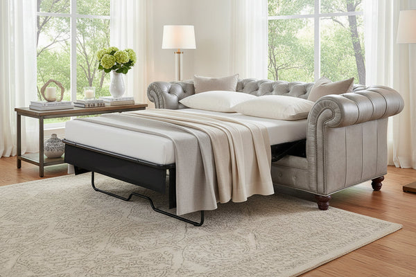 Colburn 94 Inch Chesterfield Tufted Leather Queen Sleeper Sofa