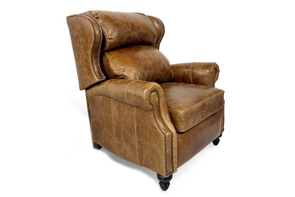 Douglas "BIG MAN" Leather Bustle Wing Back Recliner With Nailhead Trim
