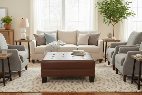 Drew 42 Inch Square Large Leather Upholstered Ottoman Coffee Table