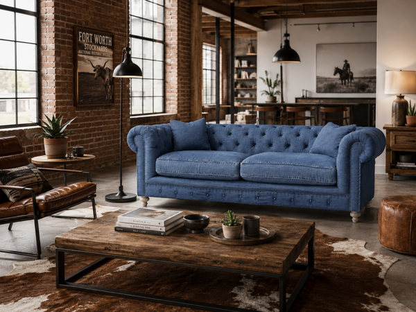 Armstrong 96 Inch Chesterfield "Quick Ship" Sofa In Blue Denim