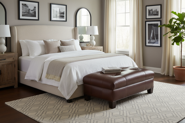 Emerson 44 Inch Long Button Tufted Leather Upholstered Coffee Table Ottoman