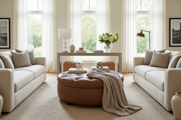 Evan Tufted 36", 40", 44", Or 48" Inch Round Leather Ottoman (4 Sizes Available)