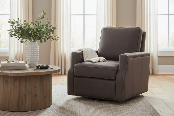 Fitzgerald Cocoa "Quick Ship" SWIVEL Traditional Top Grain Leather Pillow Back Chair