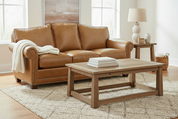 Harmon 84 Inch Arched Back 8-Way Hand Tied Leather Sofa w/ Nailhead Trim