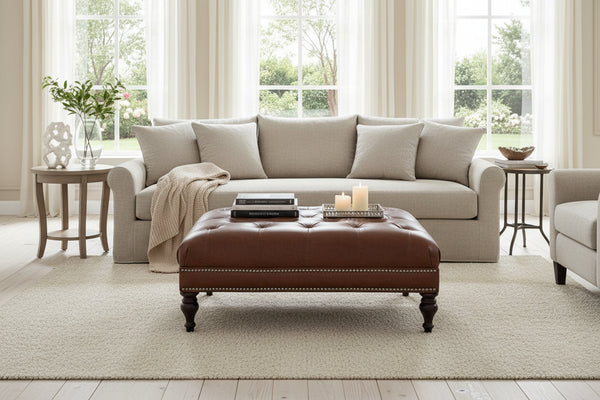 Hubert Tufted 36", 42" Or 46" Inch Square Leather Ottoman (3 Sizes Available)