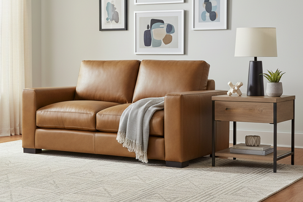 Hugh Modern Leather Track Arm Loveseat