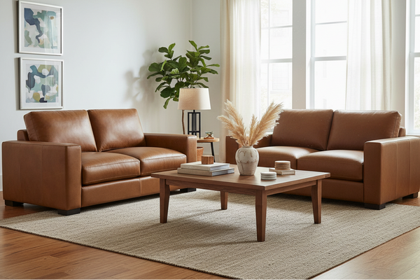 Hugh Modern Leather Track Arm Loveseat