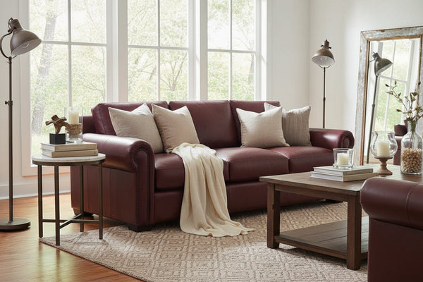 Huntington 96 Inch Traditional Leather Roll Arm Sofa With Nailheads