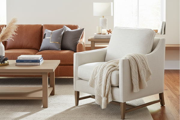 Larissa 8-Way Hand Tied Fabric Armchair With Exposed Wood Base