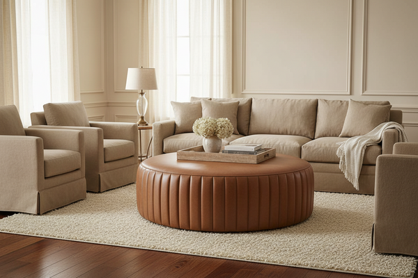 Lawson 36", 40", 44", Or 48" Inch Round Leather Ribbed Ottoman (4 Sizes Available)