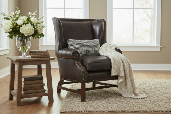 Humphrey Chippendale Leather Chair With Decorative Wood Base