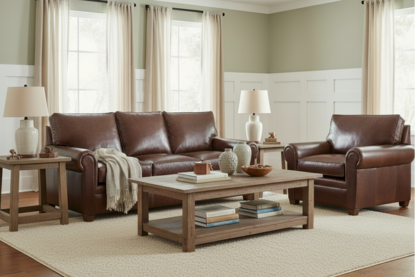 Rockefeller Traditional Leather Queen Sleeper Sofa Set