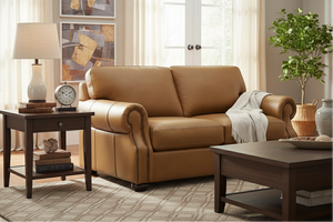 Lex Traditional Leather Rolled Arm Loveseat With Nailheads