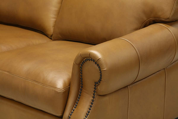 Lex Traditional Leather Rolled Arm Loveseat With Nailheads
