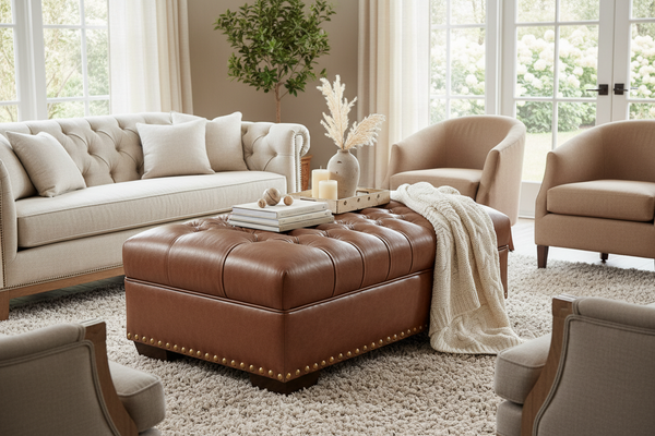 Malcolm 52 Inch Long Chesterfield Tufted Leather Coffee Table Bench